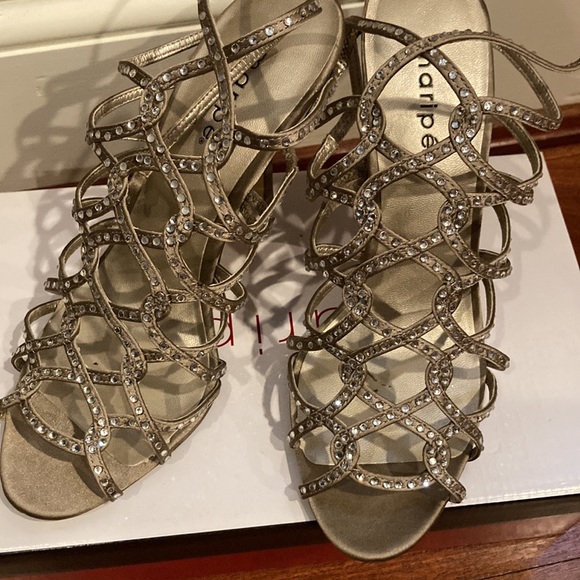 Gold and rhinestone strappy Heels with Modern Geometric Design SCARLETT - Picture 2 of 6